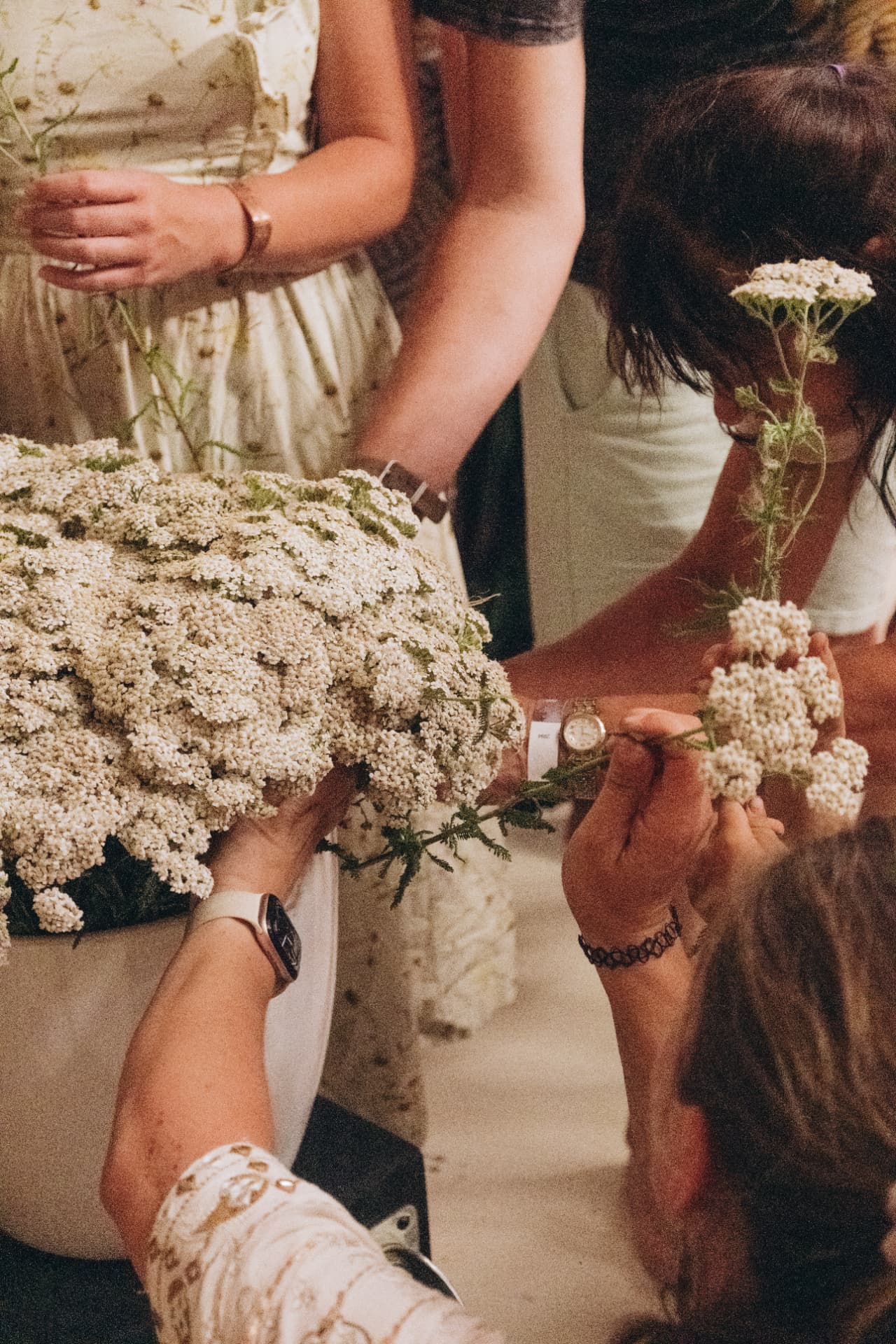 Participants passing stems of white yarrow from a large shared bouquet during a festival ritual