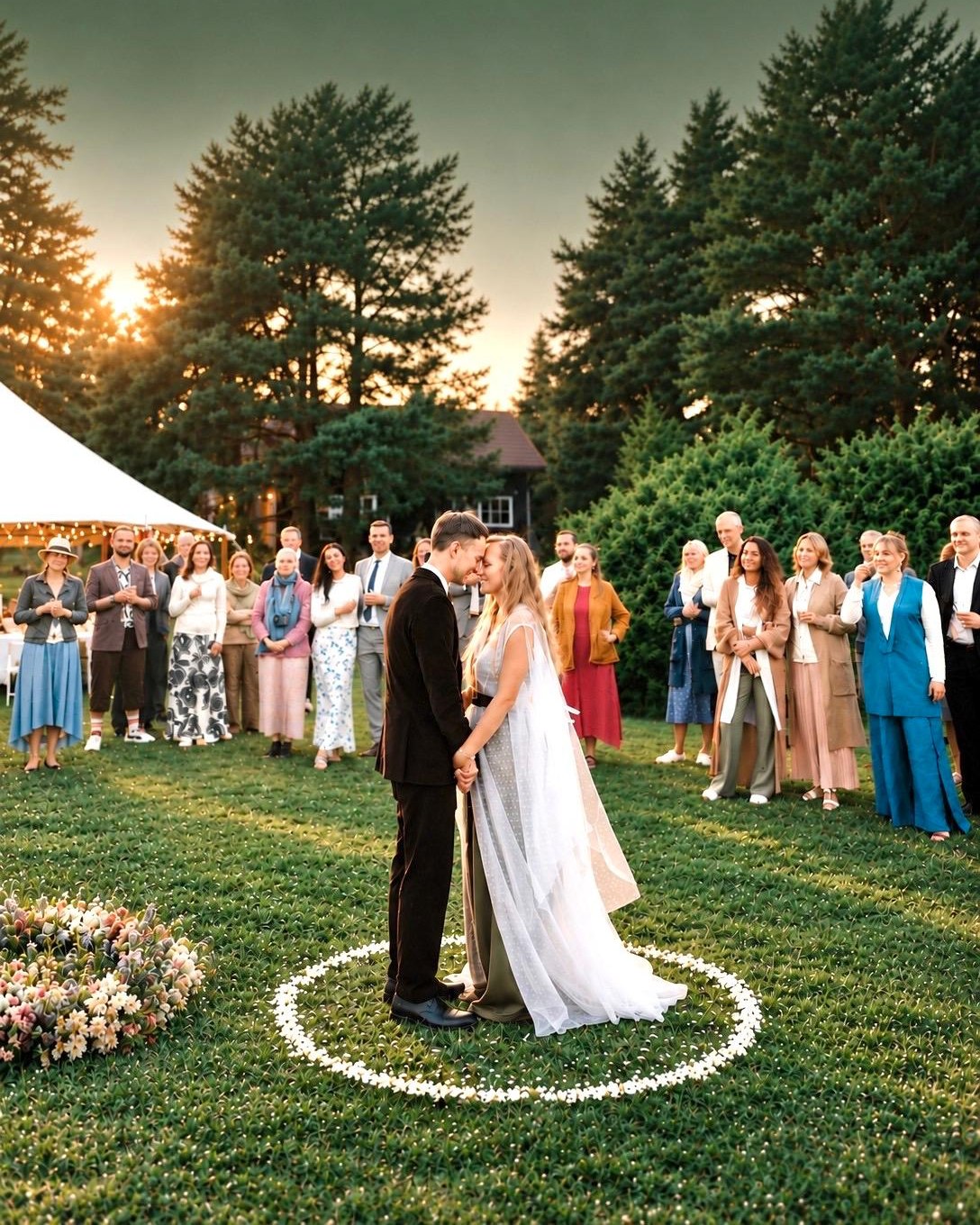 Kadri and Marek embracing inside a circle of flowers on the lawn, surrounded by their wedding guests
